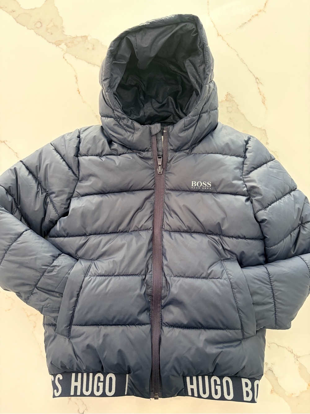 Hugo Boss Boys' Dark Navy Quilted Puffer Jacket with Hood - Size 8